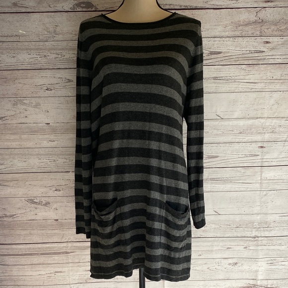 Eileen Fisher Striped Black and Gray Long Sleeve Pockets Women's Tunic Dress L - Picture 1 of 9